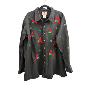 Quacker Factory Long Sleeve Twill Holiday Christmas Button Up Shirt Black 1X